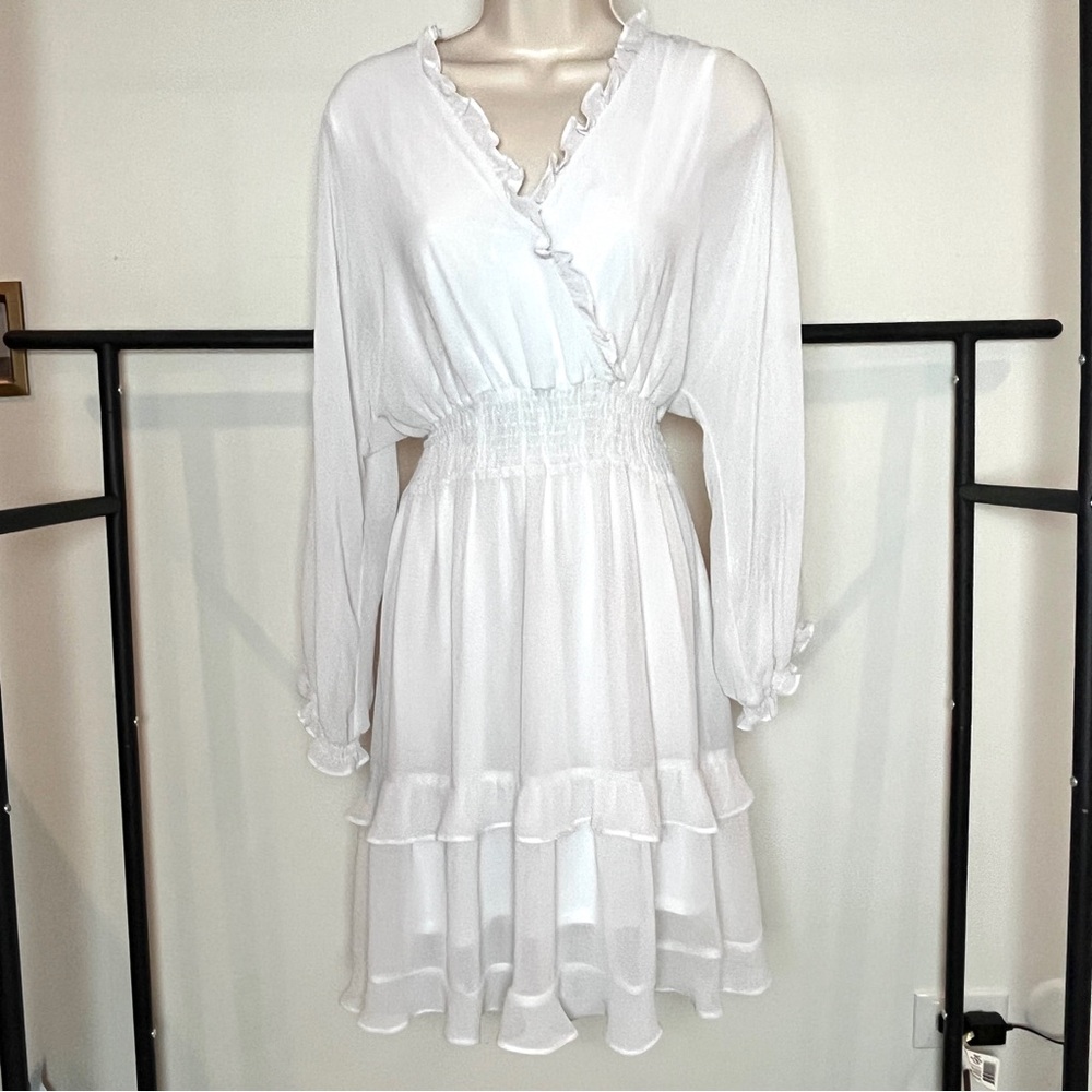 White Boho Ruffled V-Neck Long Sleeve Midi Dress Smocked Large Summer Bridal